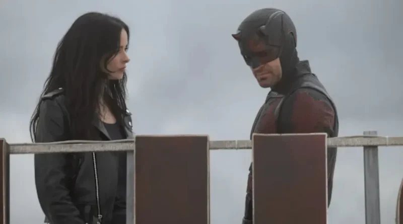 Daredevil in his classic red suit on a Hell's Kitchen rooftop.