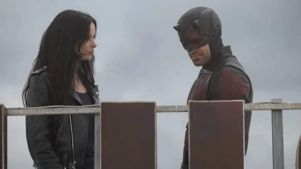 Daredevil in his classic red suit on a Hell's Kitchen rooftop.