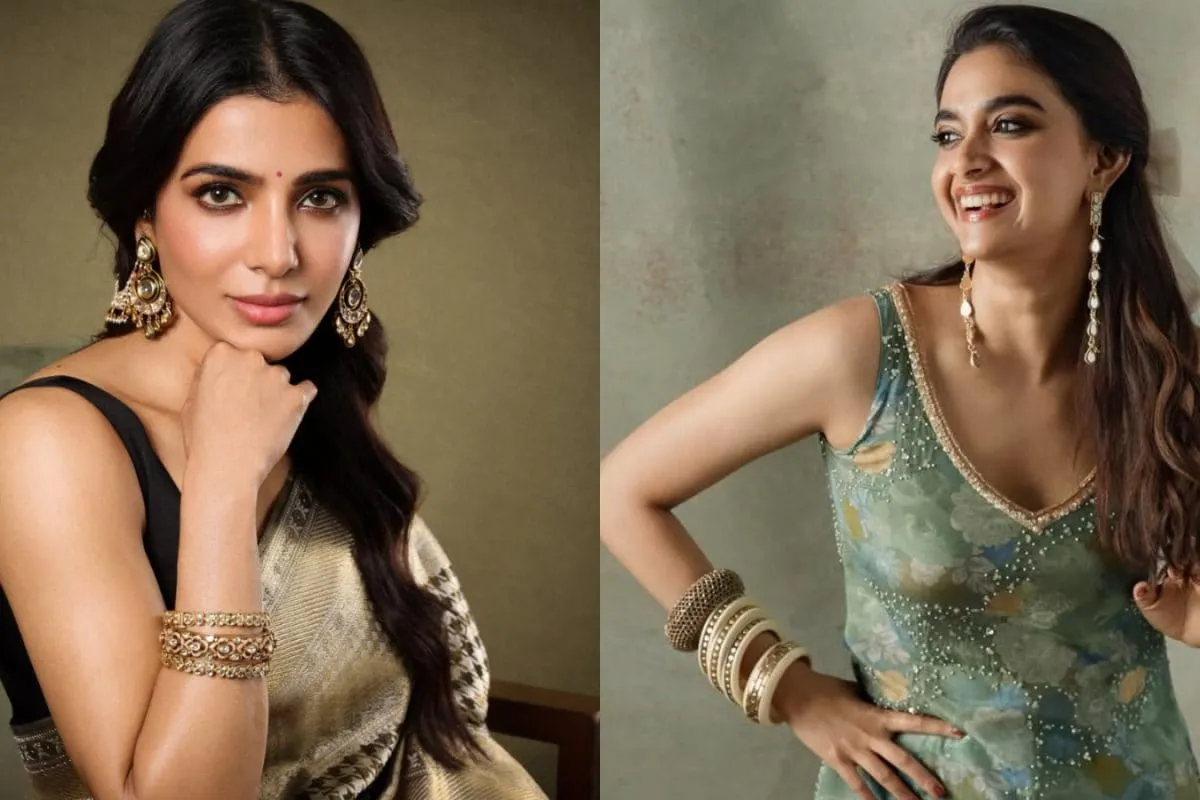 Samantha Ruth Prabhu and Keerthy Suresh sharing a lighthearted moment, smiling broadly.