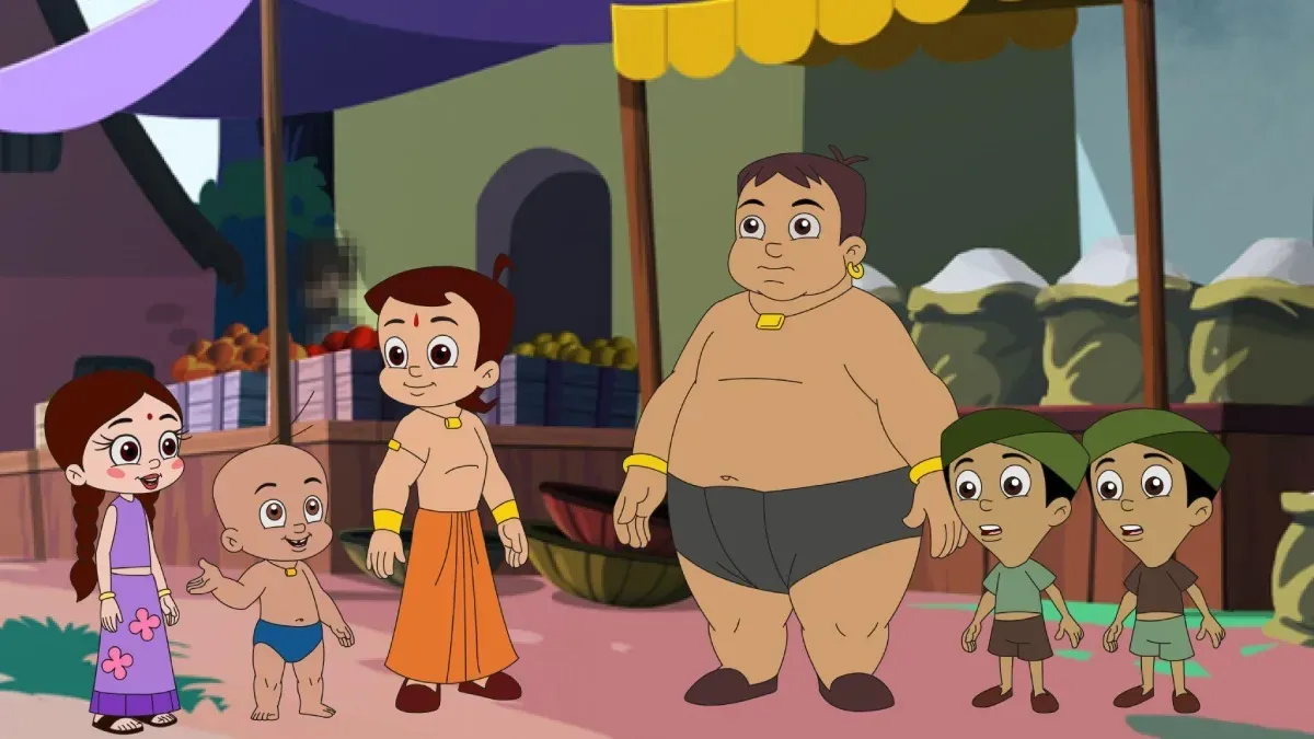 A group of children, led by Chhota Bheem, celebrating in a colorful village.