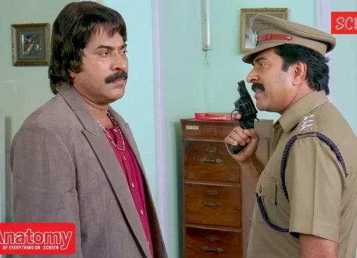 Mammootty in a still from a movie, looking intense.