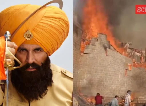A still from the movie 'Kesari' showing actors in a battle scene.