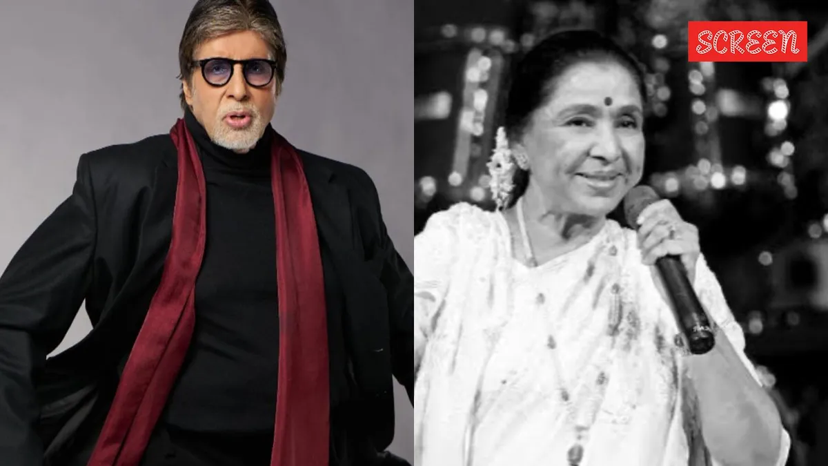 Amitabh Bachchan looking thoughtful, beside a vibrant photo of Asha Bhosle smiling.