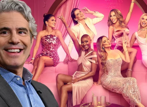 Andy Cohen talking on his late-night talk show set