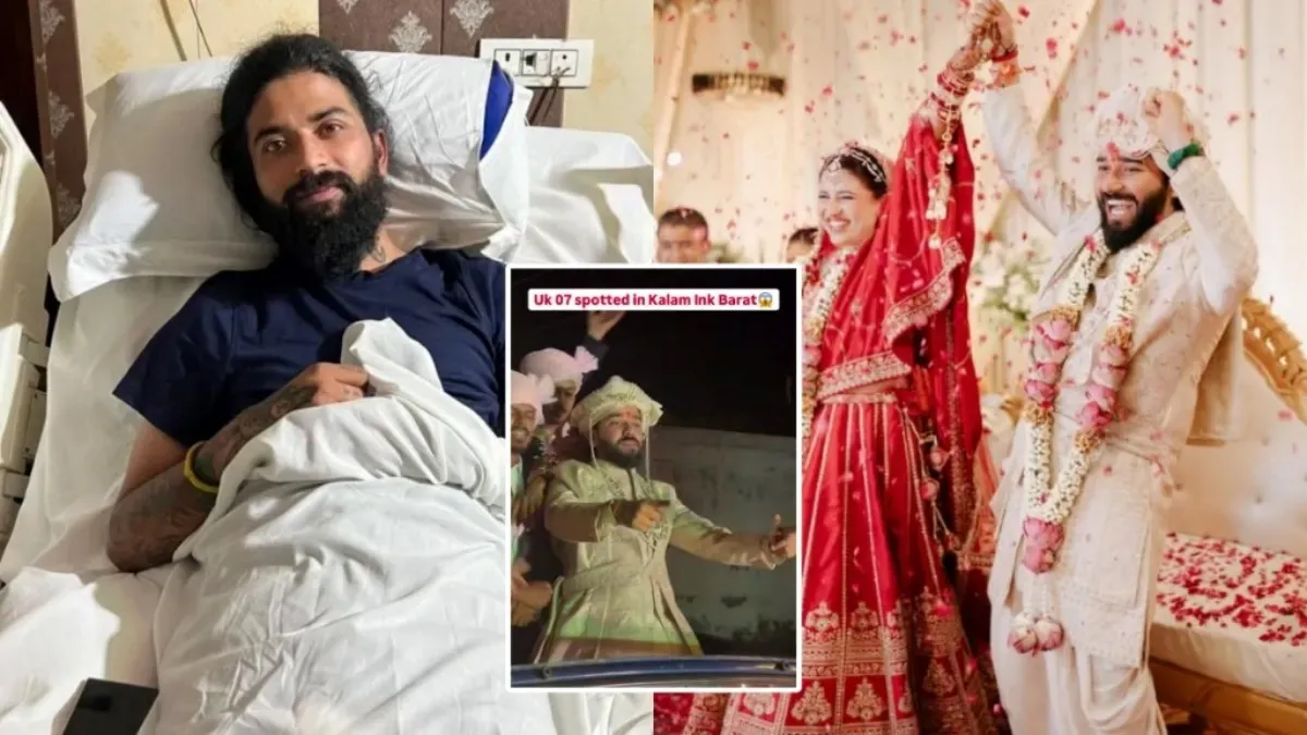 Atul Dobhal, also known as Kalam Ink, and his wife Shreya smiling warmly at their wedding.