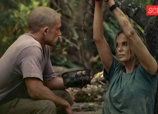 Charlize Theron looking determined in a scene from the movie Apex.