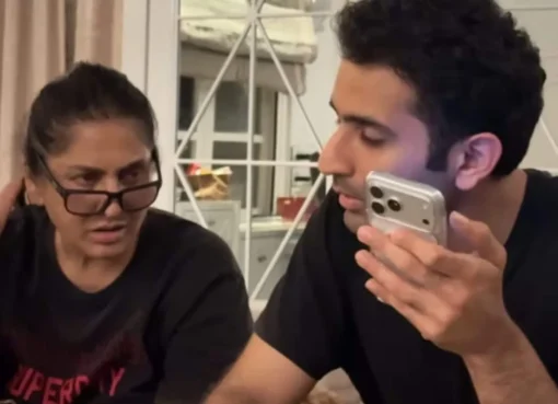 Screenshot from a vlog showing Archana Puran Singh's son, Aayushmaan Sethi, looking surprised.