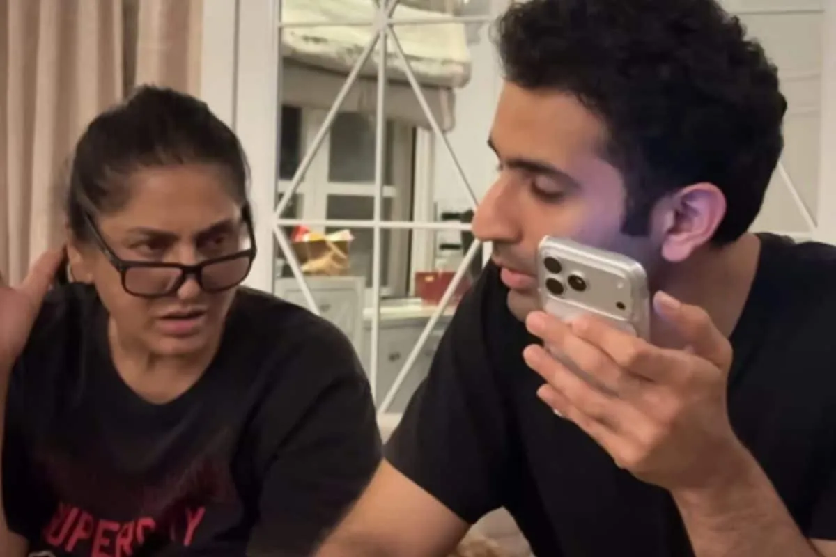 Screenshot from a vlog showing Archana Puran Singh's son, Aayushmaan Sethi, looking surprised.