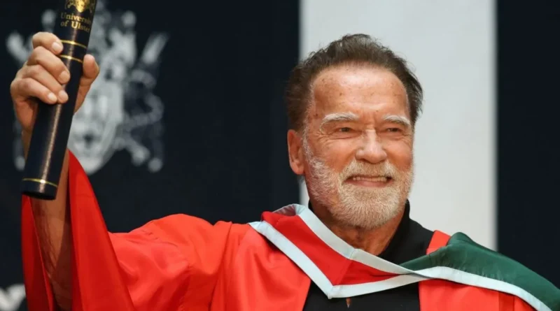 Arnold Schwarzenegger accepts honorary doctorate, recalling early public speaking fears.