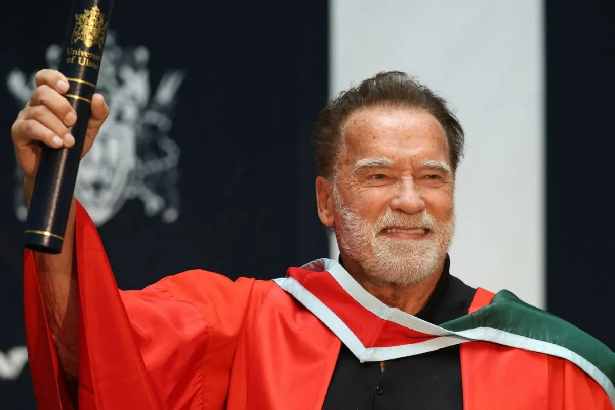 Arnold Schwarzenegger accepts honorary doctorate, recalling early public speaking fears.