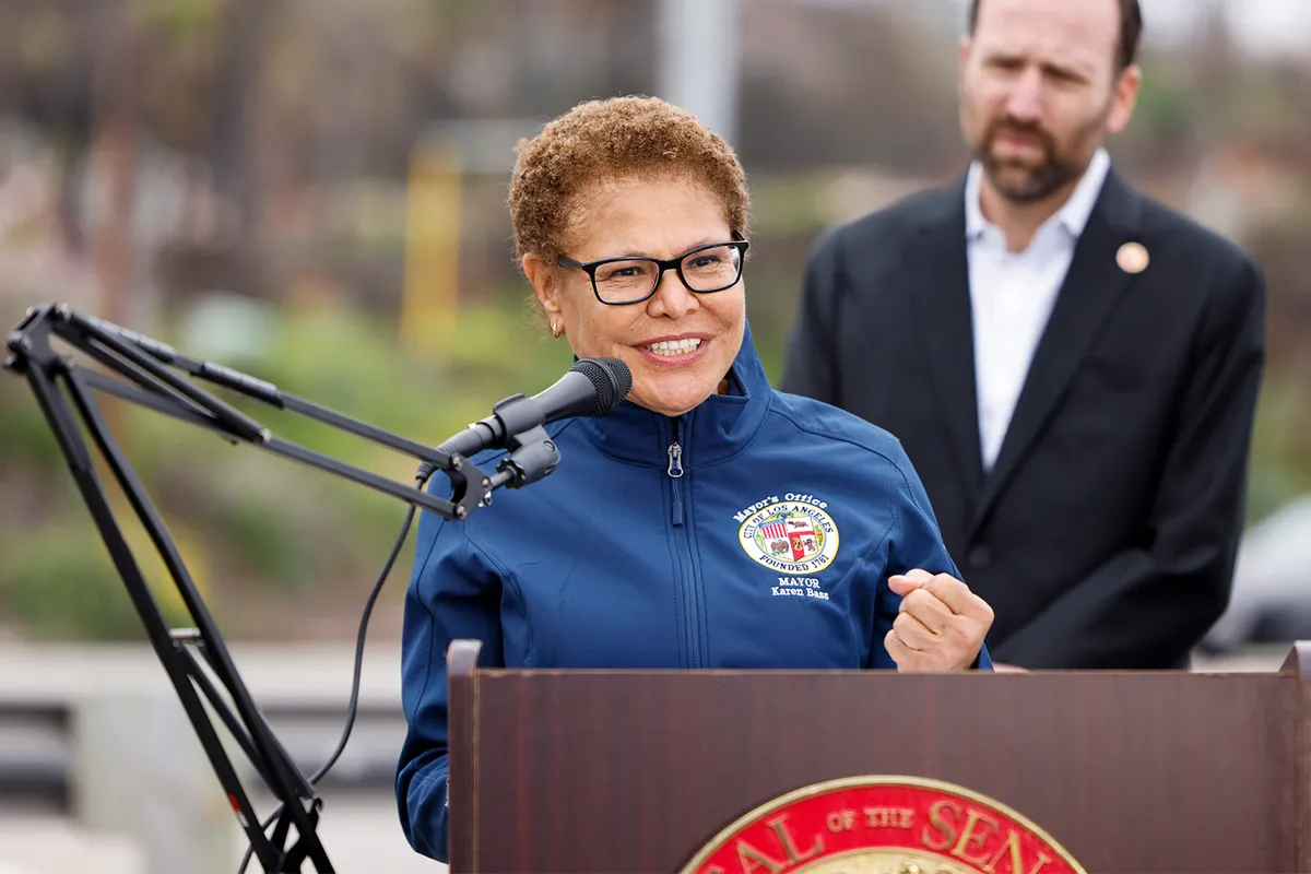 Mayor Karen Bass speaking at a press conference.