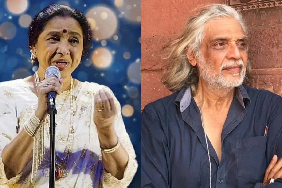 A vintage photo of Asha Bhosle singing.