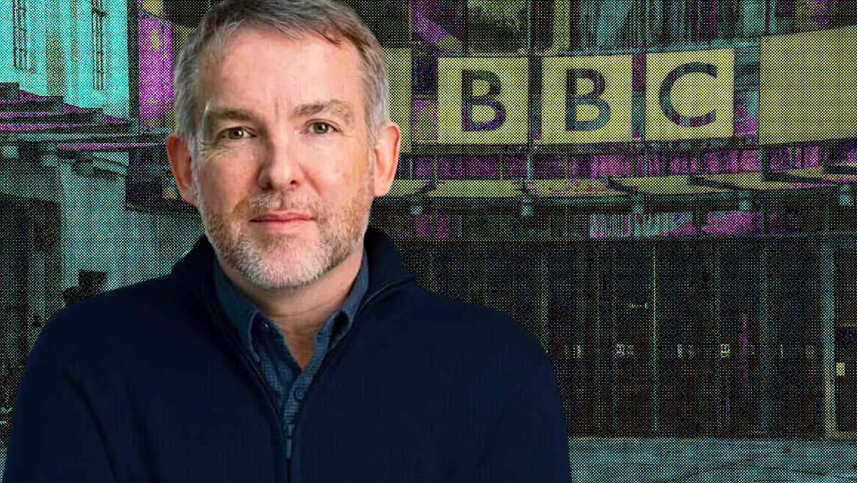 A graphic showing the BBC logo with a downward trend arrow.