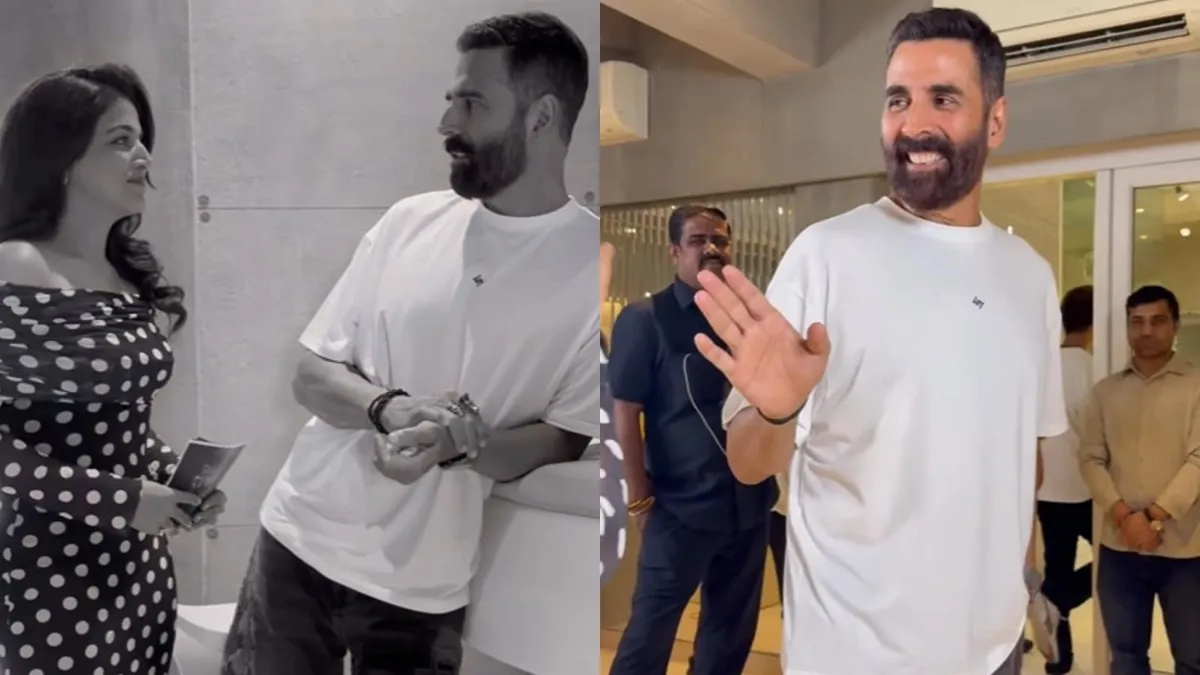 Akshay Kumar laughing and making a face at Wamiqa Gabbi during a promotional event for Bhooth Bangla.