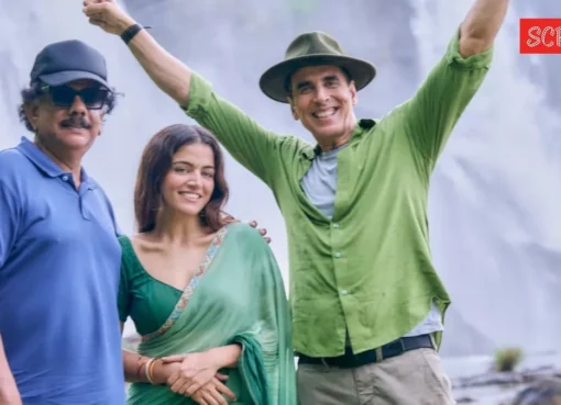 Akshay Kumar posing for a movie poster with a spooky background