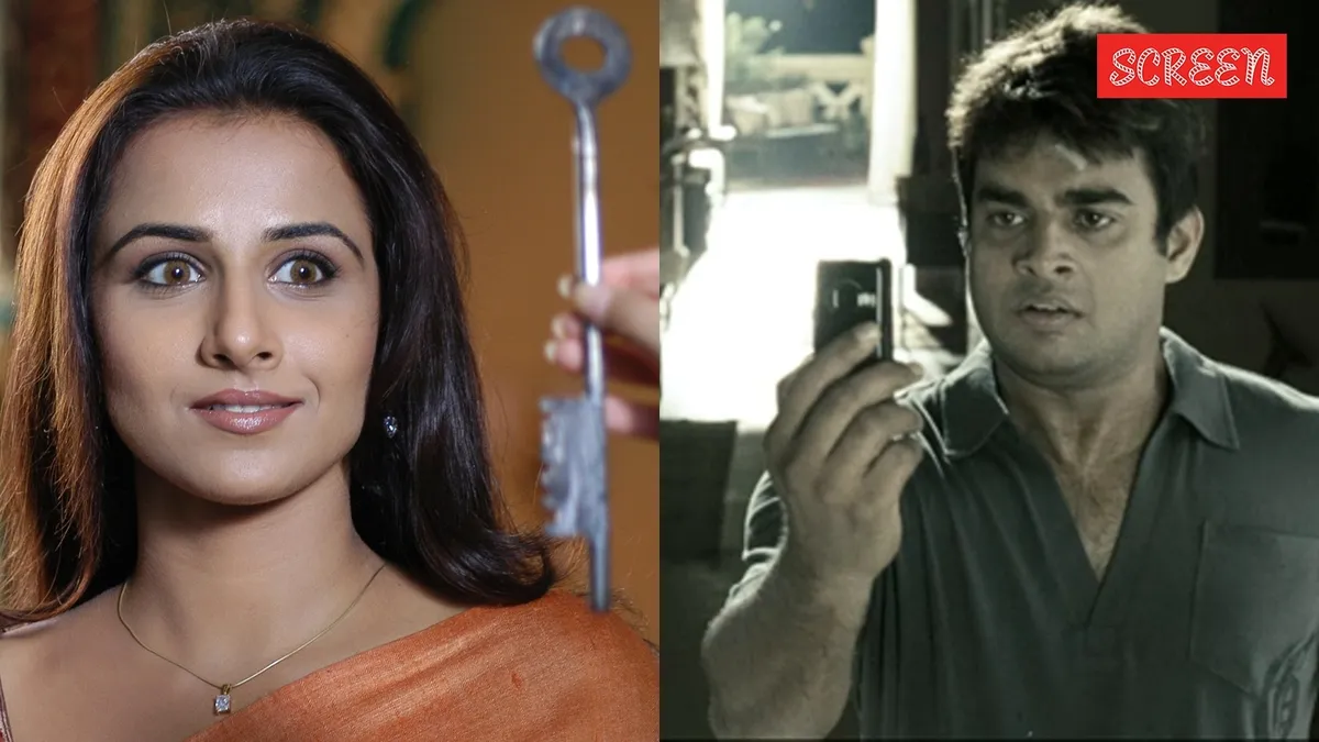 A dark, moody hallway in an old Indian mansion with long shadows.