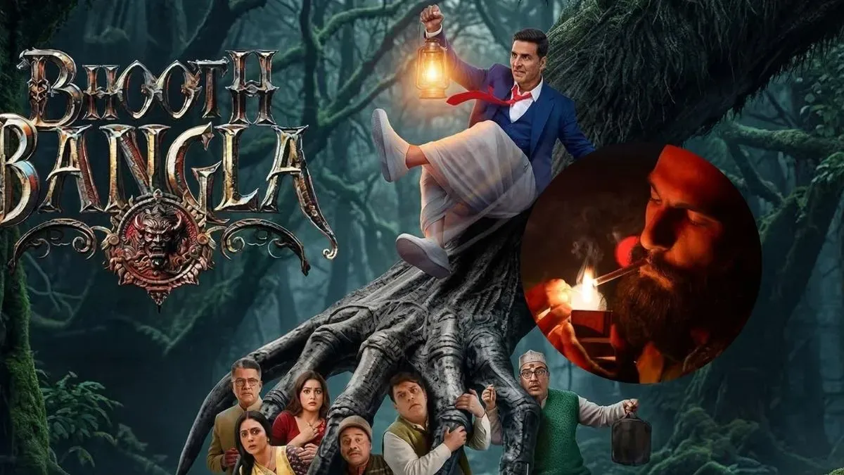 Movie posters of 'Bhooth Bangla' and 'Dhurandhar 2' side-by-side with a large red 'X' over 'Bhooth Bangla'.