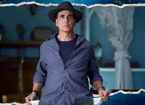 Akshay Kumar smiling in a promotional image for his film Bhooth Bangla, likely with a ghostly or comedic visual element.