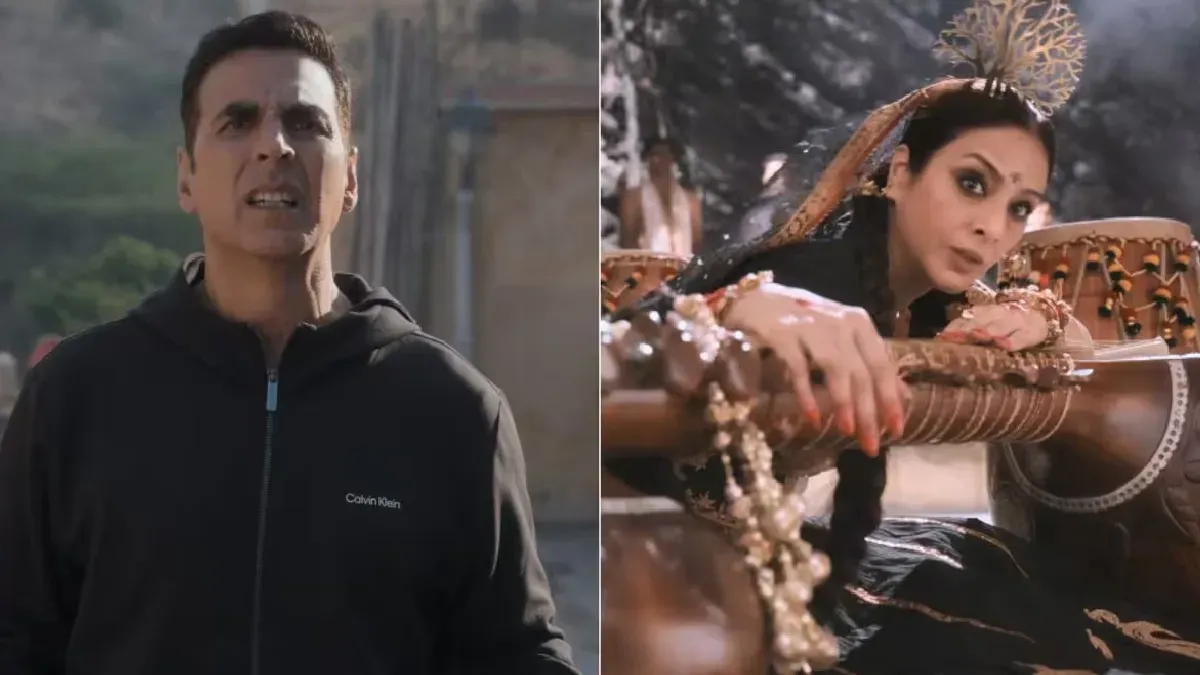 Akshay Kumar in a spooky, intense pose from his film Bhooth Bangla, surrounded by an eerie glow.