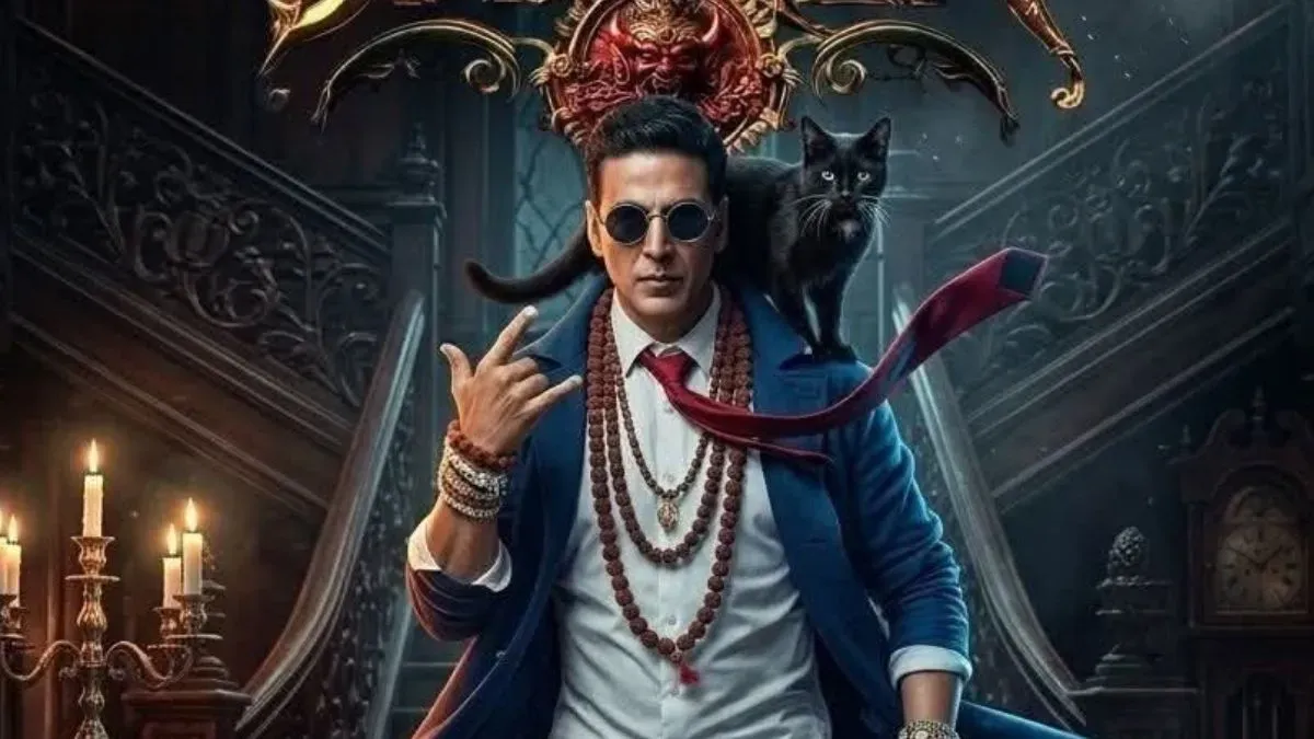 Akshay Kumar looking spooky in the Bhooth Bangla movie poster, showing off its unique visual style.