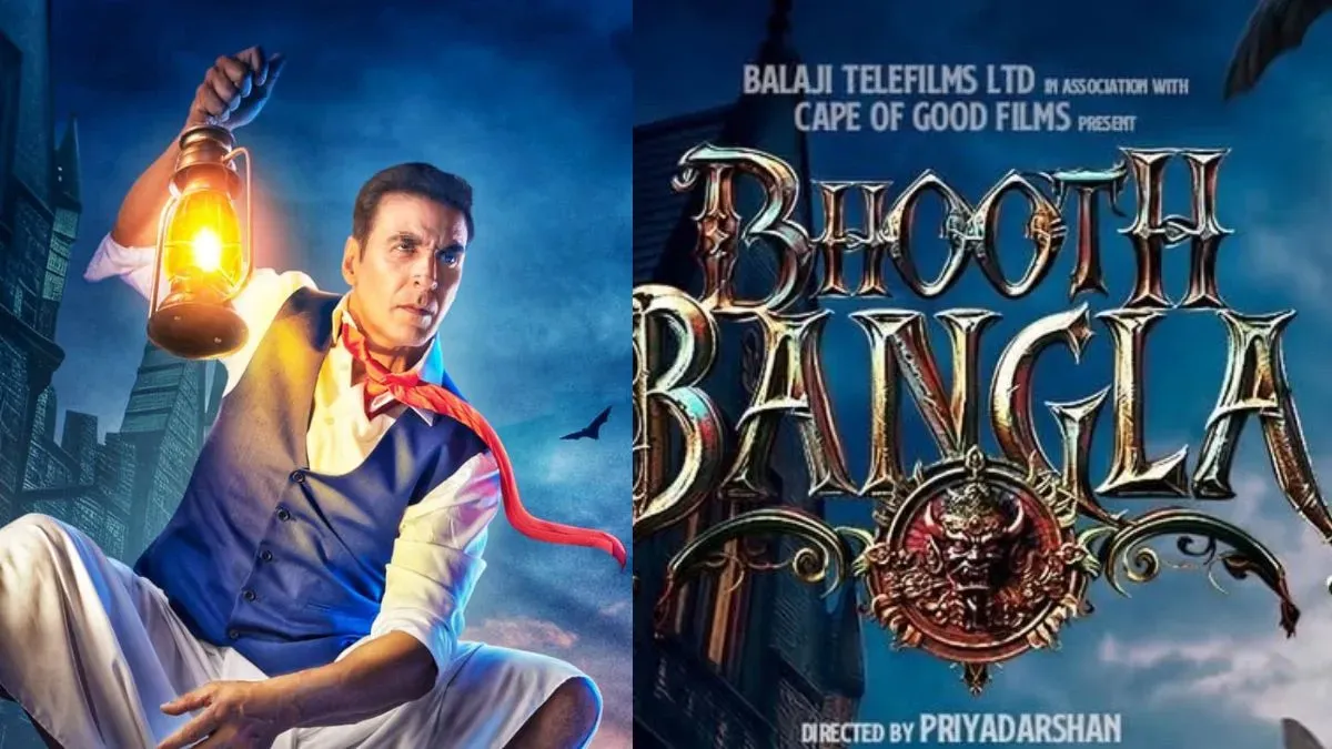 Movie poster for Bhoot Bangla featuring a spooky house and main characters.