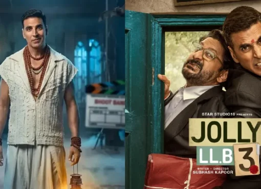 Akshay Kumar in a promotional shot from the movie Bhooth Bangla, looking intrigued or slightly scared in a dimly lit, spooky setting.