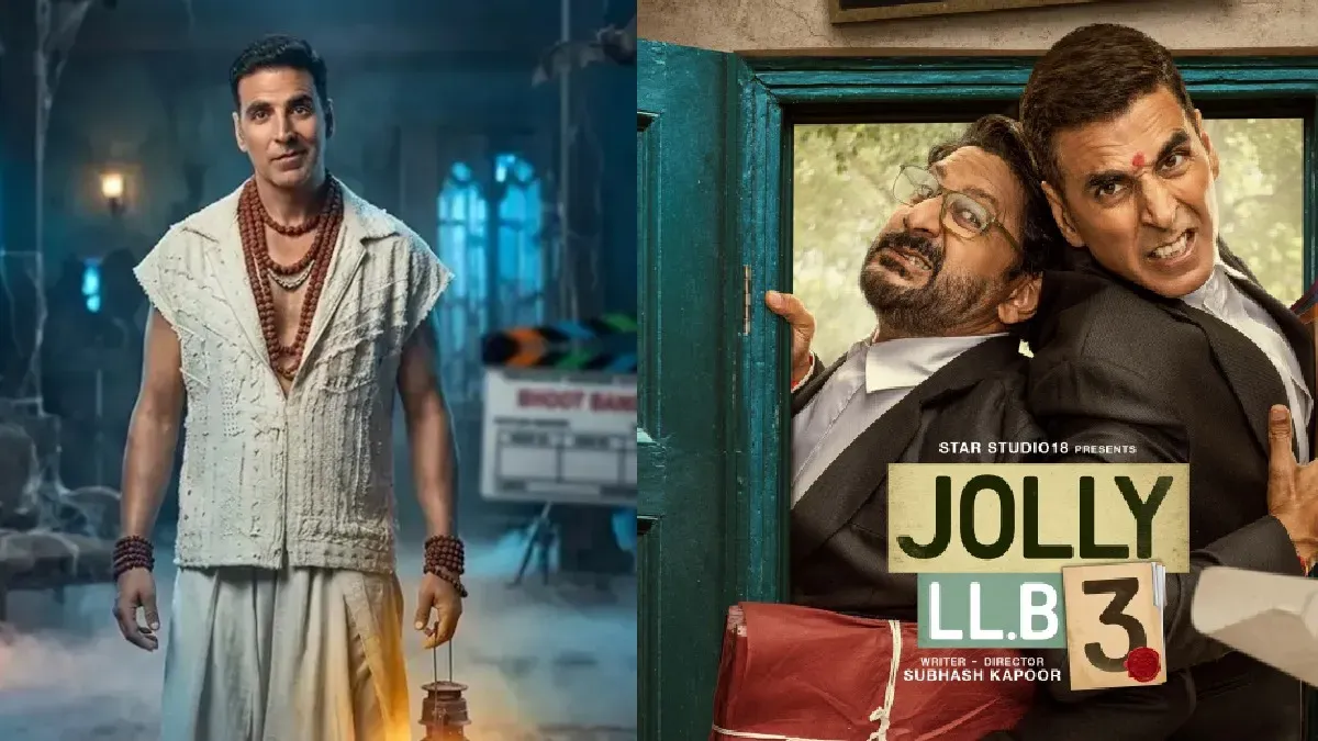 Akshay Kumar in a promotional shot from the movie Bhooth Bangla, looking intrigued or slightly scared in a dimly lit, spooky setting.