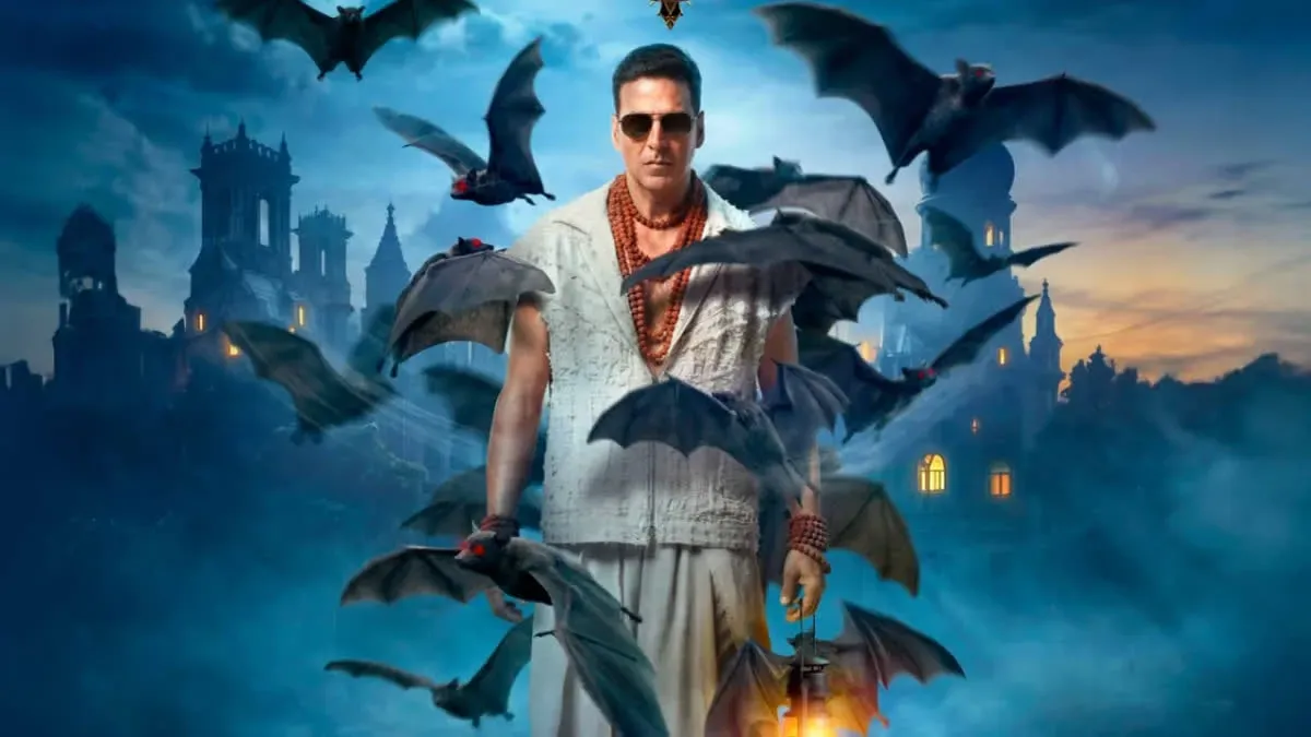 Akshay Kumar looking comically scared in a vibrant scene from Bhooth Bangla, hinting at a horror-comedy aesthetic.