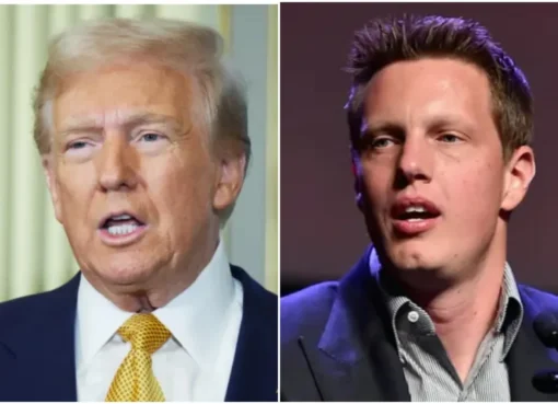 Donald Trump speaking at a Washington D.C. dinner party hosted by David Ellison, with media personalities present.