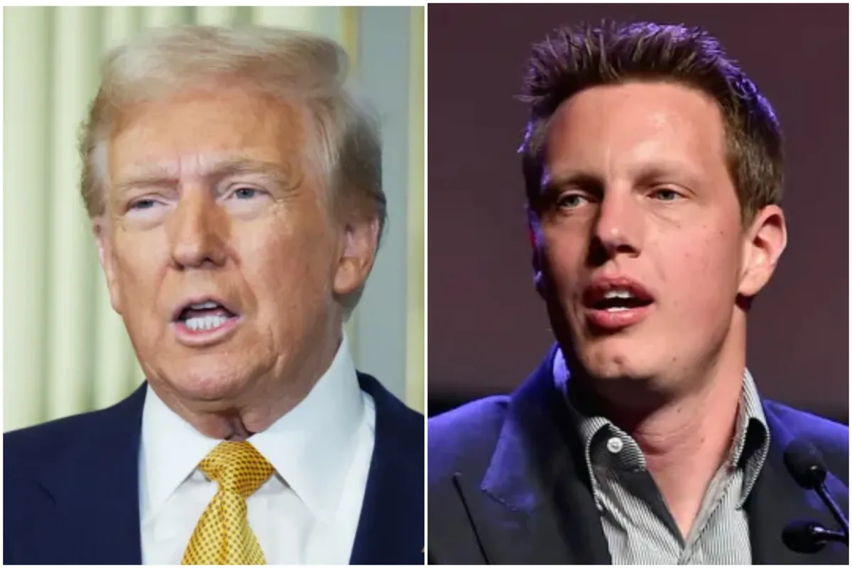 Donald Trump speaking at a Washington D.C. dinner party hosted by David Ellison, with media personalities present.