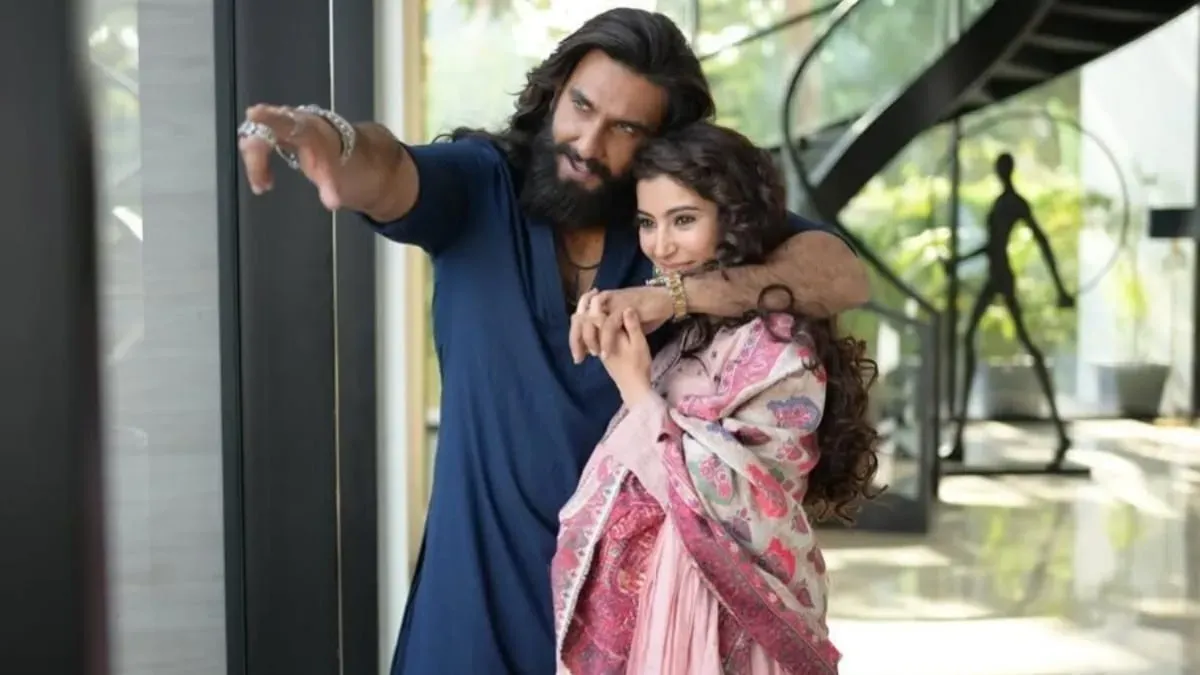 A movie poster for 'Dhurandhar 2' showing Ranveer Singh in action.