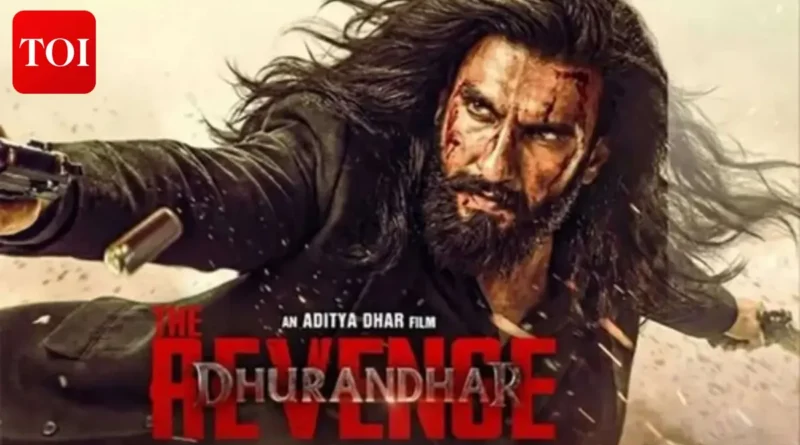 Dhurandhar 2 movie poster featuring lead actors and dramatic action.