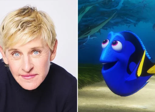 A still of Dory, the blue tang fish, with a wide, happy smile.