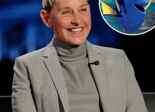 Ellen DeGeneres smiling, with an animated Dory fish next to her.