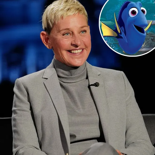 Ellen DeGeneres smiling, with an animated Dory fish next to her.