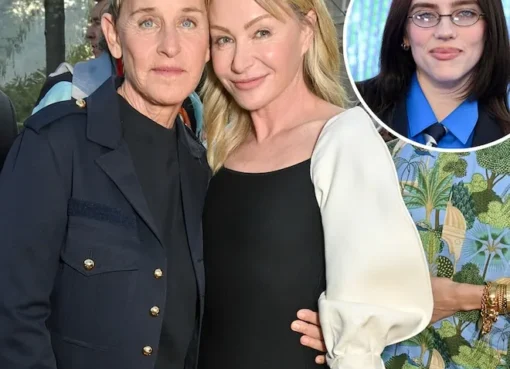 Ellen DeGeneres and Portia de Rossi smiling together at the Billie Eilish concert film premiere.