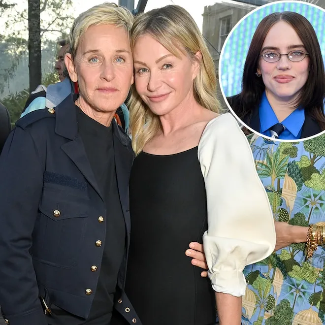 Ellen DeGeneres and Portia de Rossi smiling together at the Billie Eilish concert film premiere.