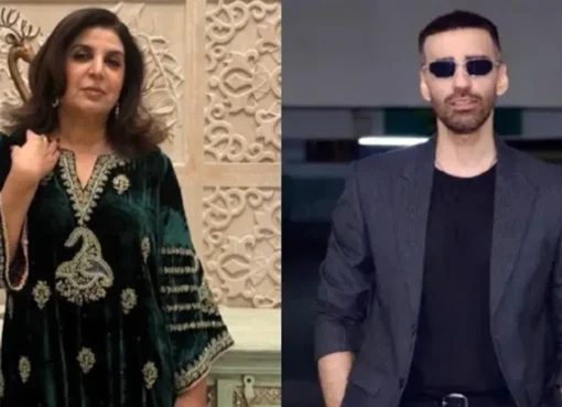 Farah Khan smiling brightly, perhaps on a talk show set.