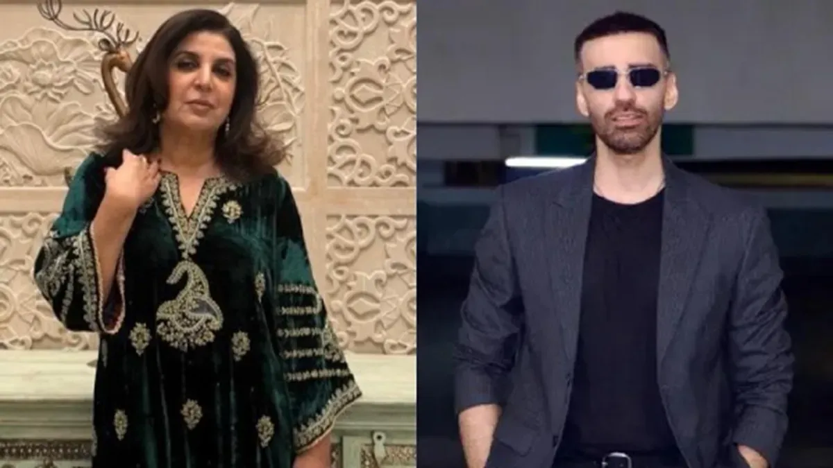 Farah Khan smiling brightly, perhaps on a talk show set.