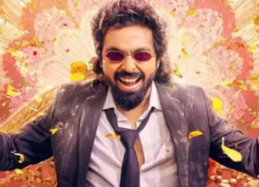 G. V. Prakash Kumar smiling happily in a vibrant movie poster for 'Happy Raj'.