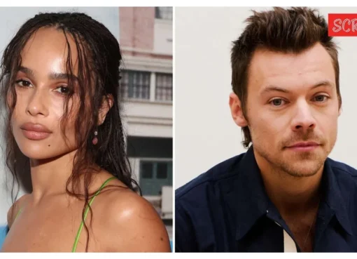 Harry Styles and Zoe Kravitz smiling and looking happy together.