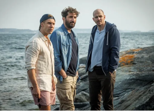 Actors Gustaf Skarsgård, Fares Fares, and Linus Wahlgren in a still from a Scandi drama.