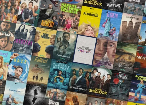 A brightly lit stage at the DGA Theater in Los Angeles with a large screen displaying 'Deadline's Contenders Television' and an audience watching intently.