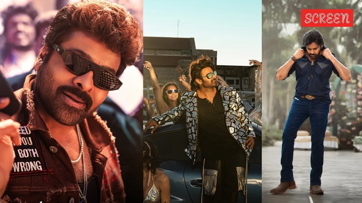 A vibrant photo of actor Chiranjeevi smiling, possibly from his movie 'Mana Shankara Vara Prasad Garu'.