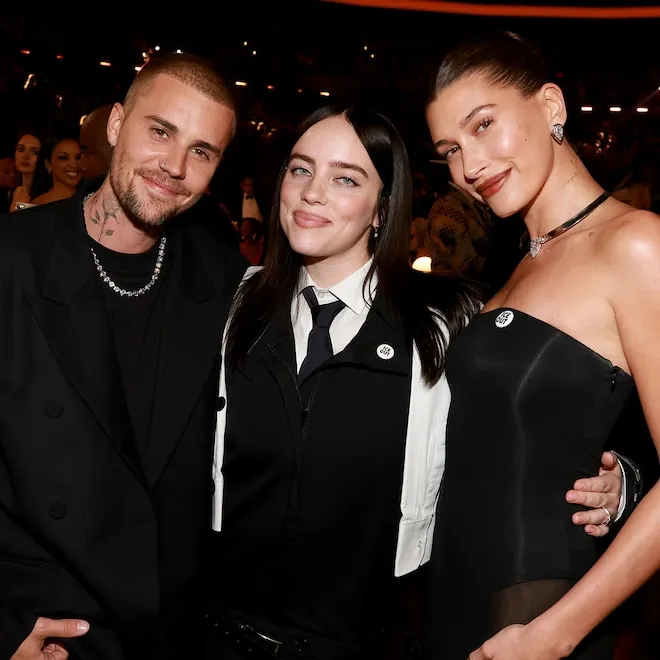 Billie Eilish and Justin Bieber performing together on a vibrant stage at Coachella.