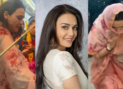 Preity Zinta, dressed in traditional attire, praying inside a Hanuman temple.