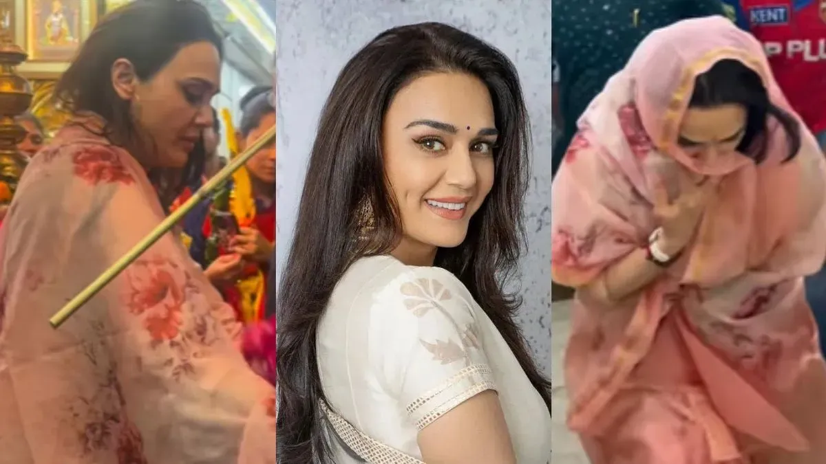 Preity Zinta, dressed in traditional attire, praying inside a Hanuman temple.