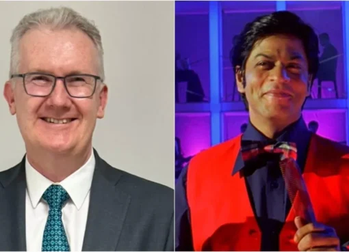 Australian Minister Tony Burke smiling and talking about his love for Shah Rukh Khan movies.