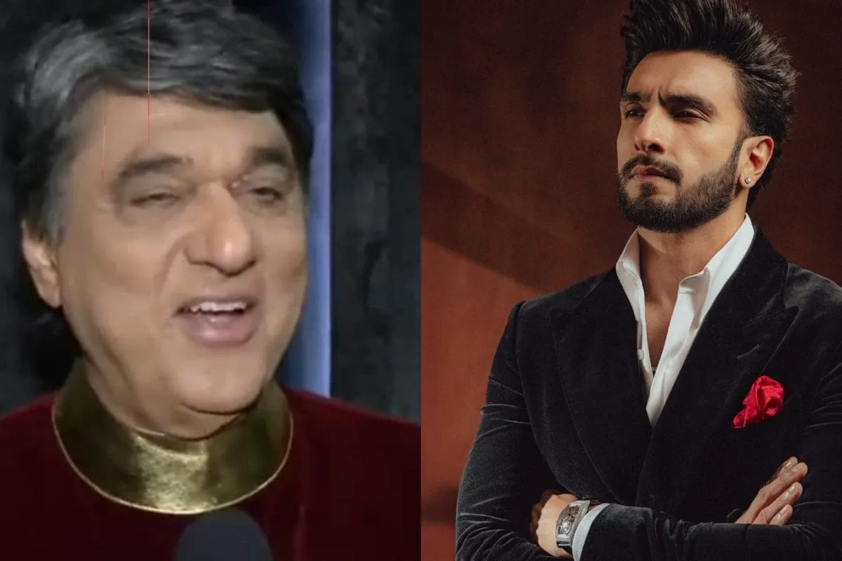 Mukesh Khanna as Shaktimaan standing heroically, with a thought bubble showing Ranveer Singh's face.