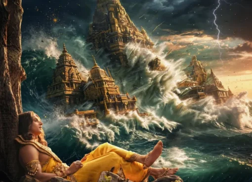 Promotional image for the Indian epic film Krishnavataram, showing a grand, colorful scene with traditional Indian aesthetic.